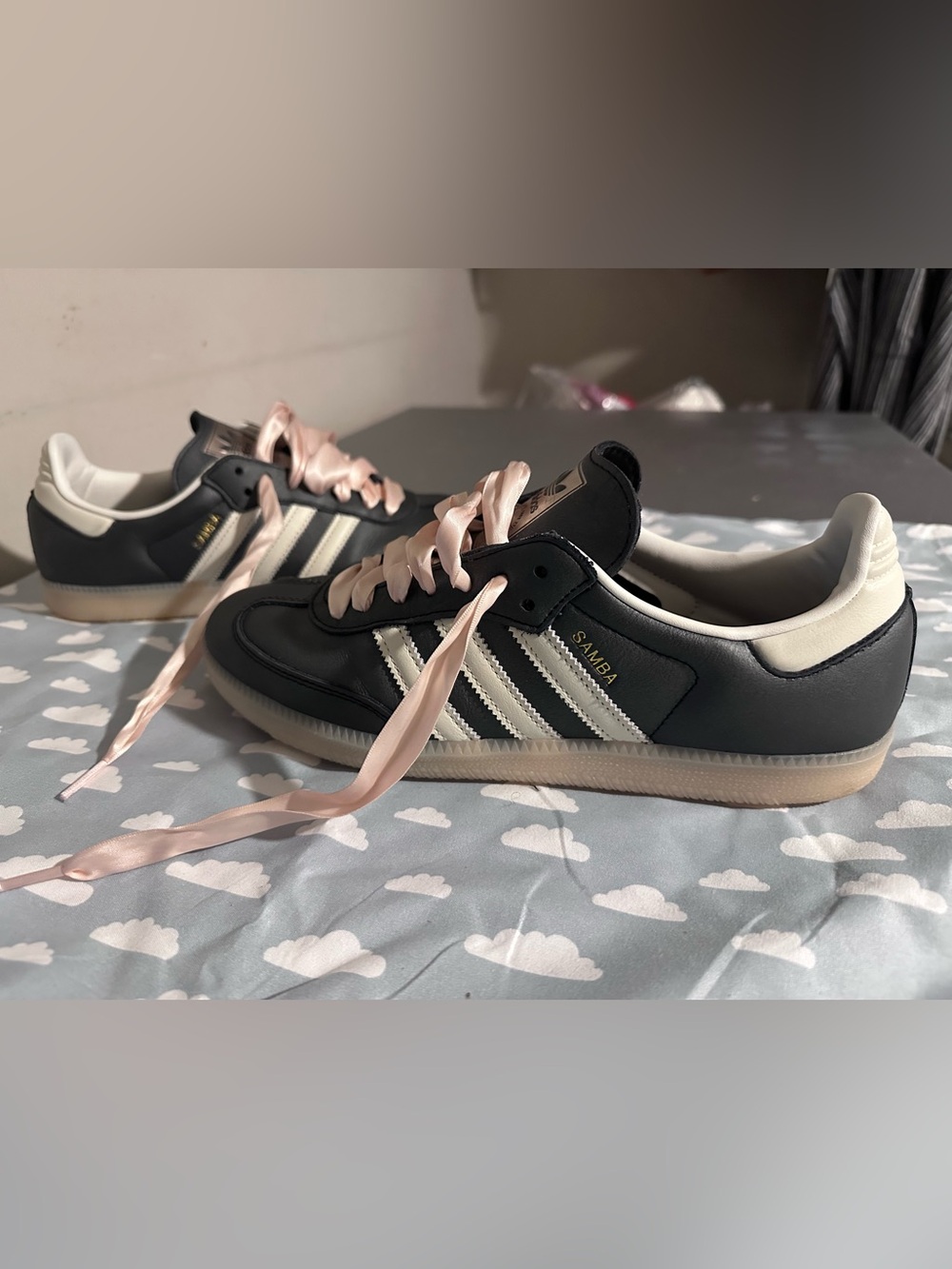 adidas Women’s Samba Sneakers - “Gray/Pewter” with Cream Stripes and Pink Laces